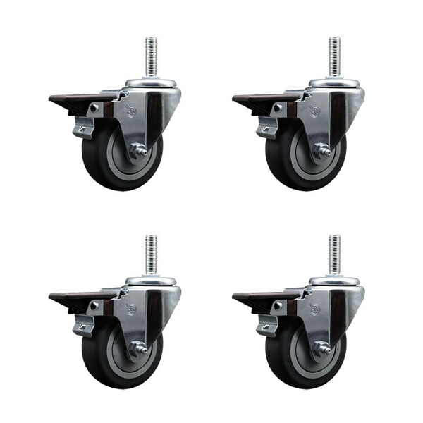 Service Caster 35 Inch Thermoplastic Rubber Wheel Swivel 58 Inch Threaded Stem Caster Set with Brake SCC SCC-TS20S3514-TPRB-PLB-58212-4 - main